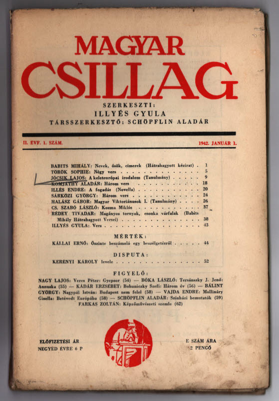 Illyés Gyula - Schöpflin Aladár (szerk.) - Magyar Csillag - II. évf. 1.  szám - 1942. január 1. - antikvár könyv